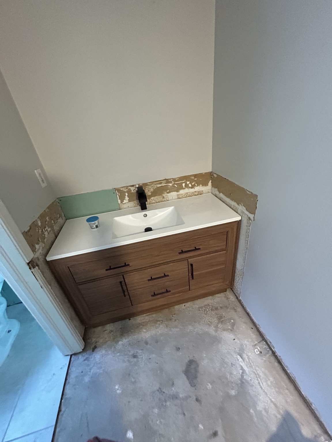 Bathroom vanity installation in progress